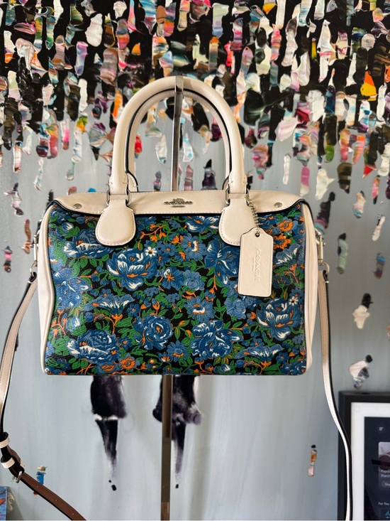Coach Handbags - Coach Blue Floral Leather Satchel with Cream Trim